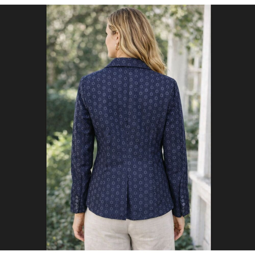 Cynthia Rowley Eyelet Blazer L Blue Cotton Floral Cutout Jacket Pocket Cottage - Picture 7 of 10